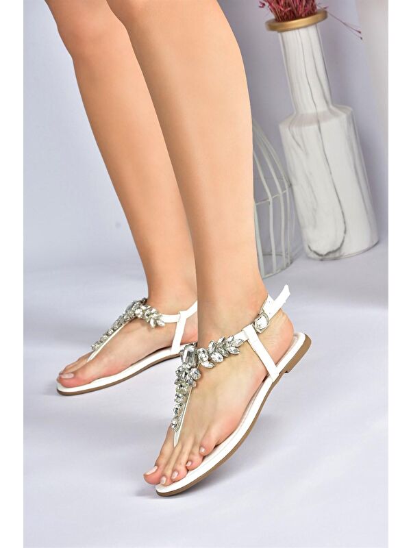 Beyaz Taşlı Parmak Arası Kadın Sandalet M272006009 - Görsel 6
