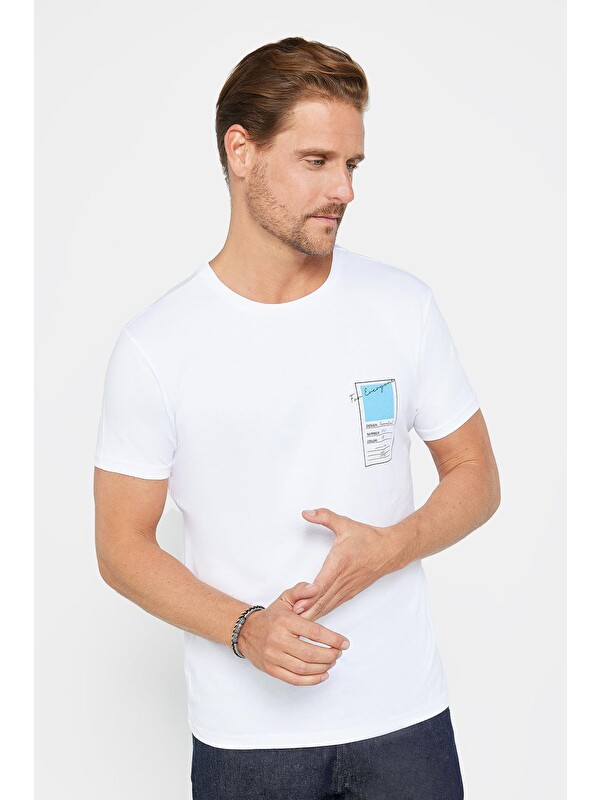 TUDORS Erkek Slim Fit Dar Kesim %100 Pamuk Yumuşak Dokulu Baskılı Beyaz Bisiklet Yaka Tişört