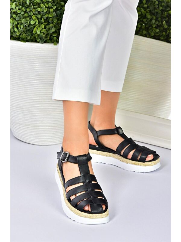 Siyah Kalın Tabanlı Kafes Model Kadın Sandalet M996140409 - Görsel 5