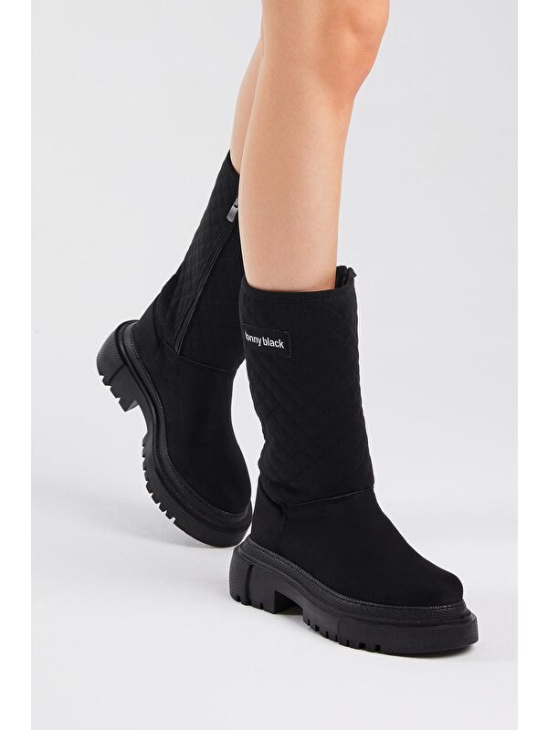 Kadın Siyah Süet Kapitone Desenli Rahat Kalıp Uzun Bot - Görsel 5