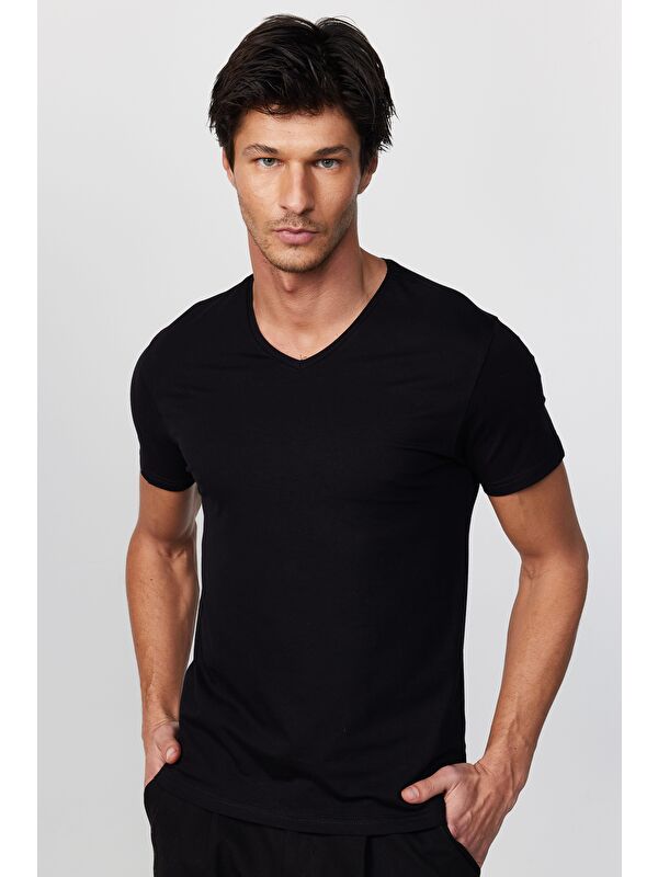 TUDORS Slim Fit V Yaka Düz Basıc Kısa Kol Tişört