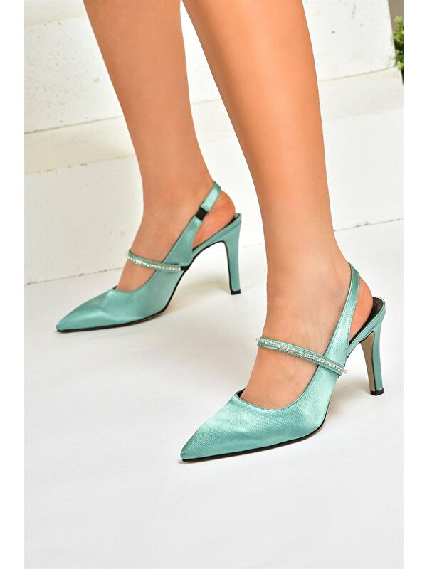 Yeşil Saten Kumaş Taşlı Topuklu Ayakkabı M404707404 - Görsel 6