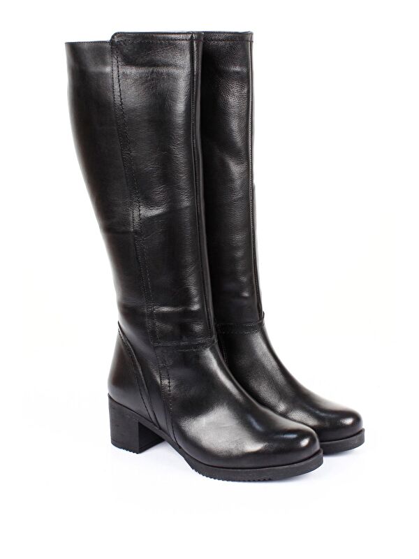 Hakiki Deri Yuvarlak Burun Kauçuk Taban Topuklu Fermuarlı Kadın Günlük Çizme 44567 - Görsel 3