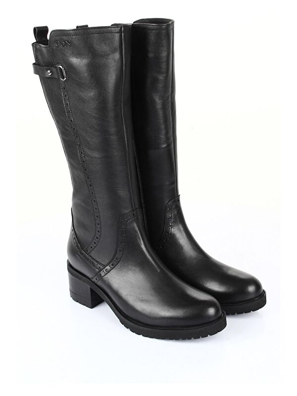 Hakiki Deri Yuvarlak Burun Kauçuk Taban Topuklu Fermuarlı Tokalı Kadın Günlük Çizme 44590 - Görsel 3