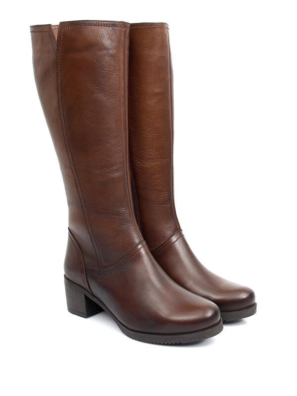 Hakiki Deri Yuvarlak Burun Kauçuk Taban Topuklu Fermuarlı Kadın Günlük Çizme 46529 - Görsel 3