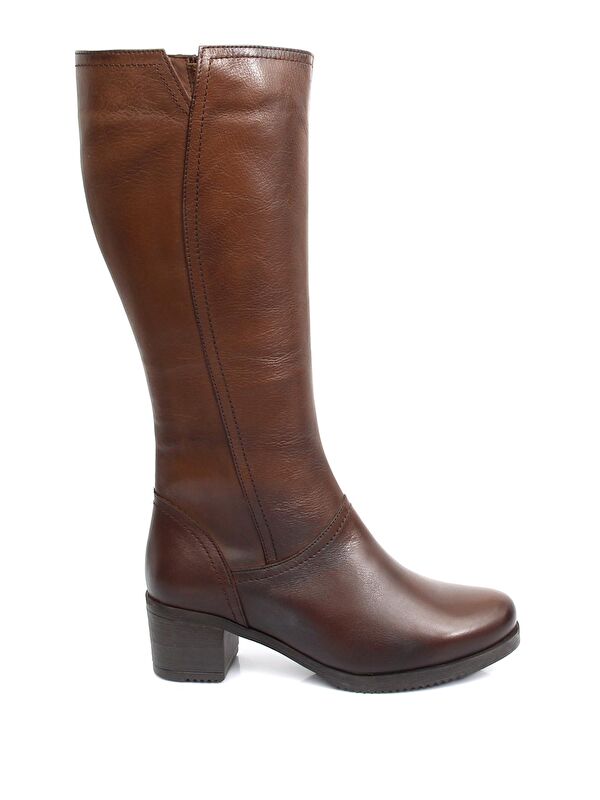 Hakiki Deri Yuvarlak Burun Kauçuk Taban Topuklu Fermuarlı Kadın Günlük Çizme 46529 - Görsel 5