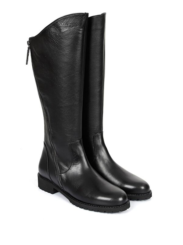 Hakiki Deri Yuvarlak Burun Kauçuk Taban Topuklu Fermuarlı Kadın Günlük Çizme 44556 - Görsel 3