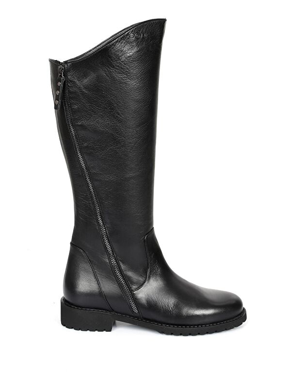 Hakiki Deri Yuvarlak Burun Kauçuk Taban Topuklu Fermuarlı Kadın Günlük Çizme 44556 - Görsel 5