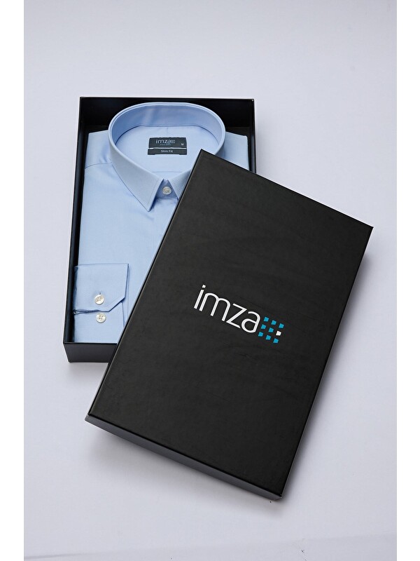 İMZA Mavi Sert Yaka Uzun Kol Cepsiz Slim Fit %100 Pamuk Gömlek 1004260324