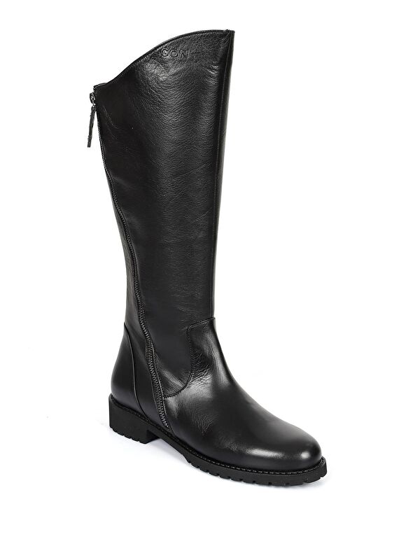 Hakiki Deri Yuvarlak Burun Kauçuk Taban Topuklu Fermuarlı Kadın Günlük Çizme 44556 - Görsel 6