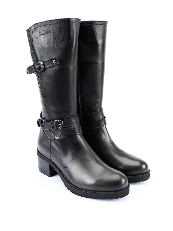 Hakiki Deri Yuvarlak Burun Kauçuk Taban Topuklu Fermuarlı Tokalı Kadın Günlük Çizme 44560 - Görsel 3