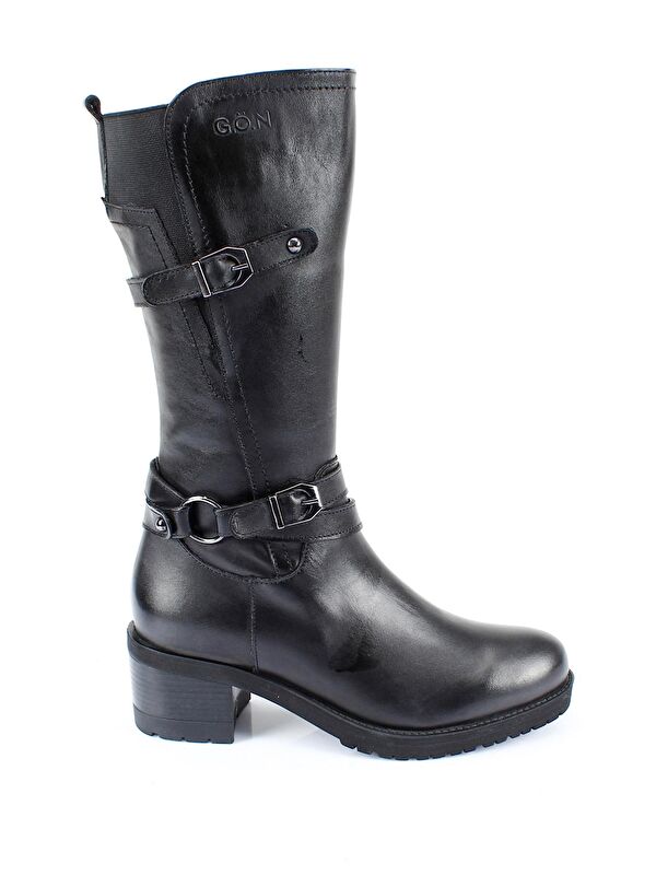 Hakiki Deri Yuvarlak Burun Kauçuk Taban Topuklu Fermuarlı Tokalı Kadın Günlük Çizme 44560 - Görsel 5