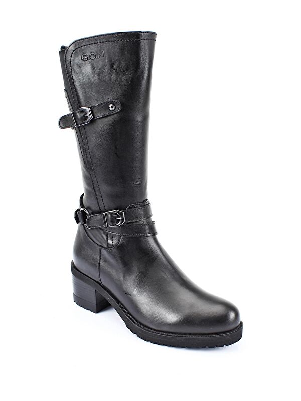 Hakiki Deri Yuvarlak Burun Kauçuk Taban Topuklu Fermuarlı Tokalı Kadın Günlük Çizme 44560 - Görsel 6