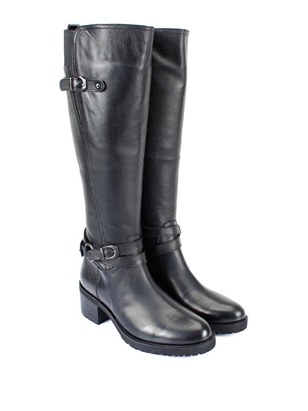 Hakiki Deri Yuvarlak Burun Kauçuk Taban Topuklu Fermuarlı Tokalı Kadın Günlük Çizme 44562 - Görsel 3