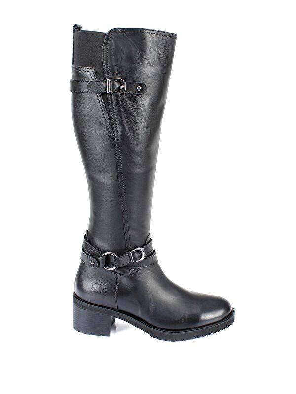 Hakiki Deri Yuvarlak Burun Kauçuk Taban Topuklu Fermuarlı Tokalı Kadın Günlük Çizme 44562 - Görsel 5