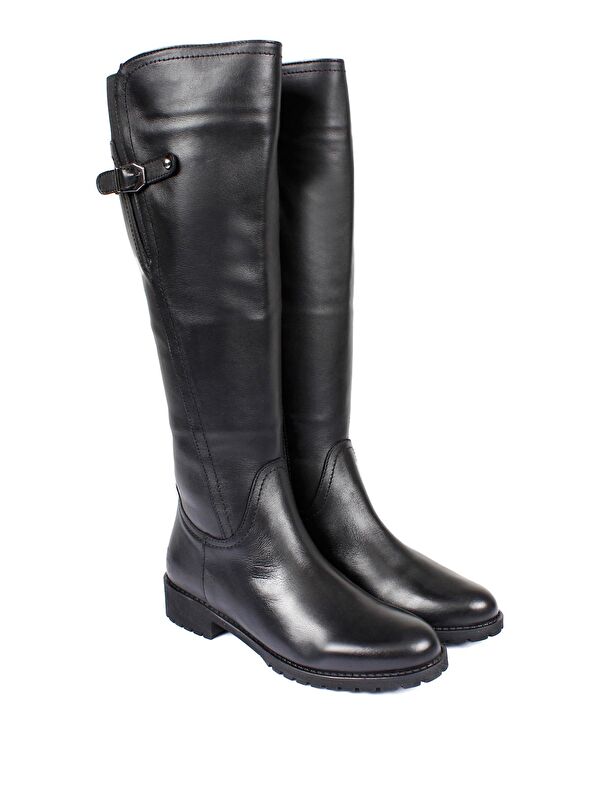 Hakiki Deri Yuvarlak Burun Kauçuk Taban Topuklu Fermuarlı Tokalı Kadın Günlük Çizme 44549 - Görsel 3