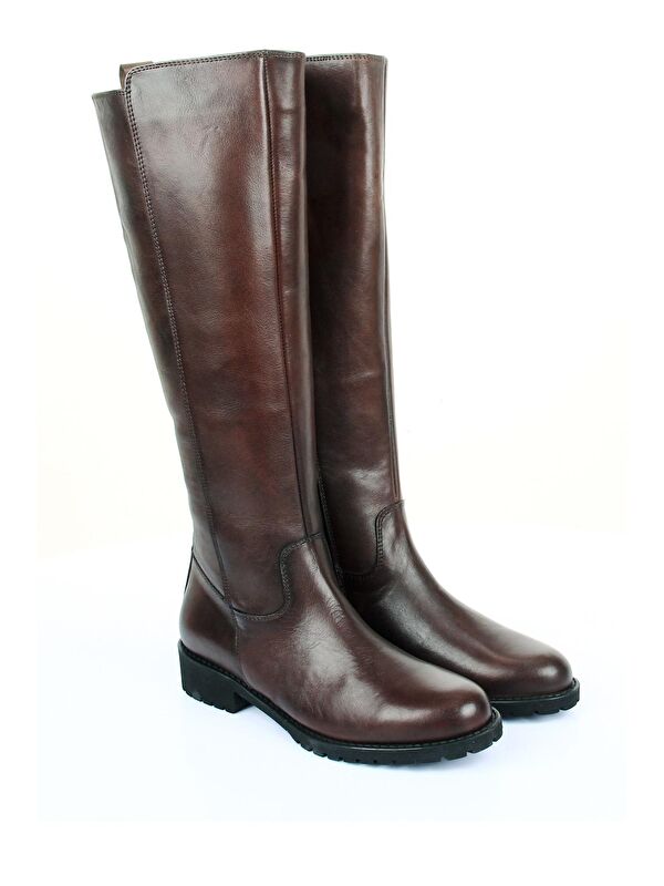 Hakiki Deri Yuvarlak Burun Kauçuk Taban Topuklu Fermuarlı Kadın Günlük Çizme 44551 - Görsel 3