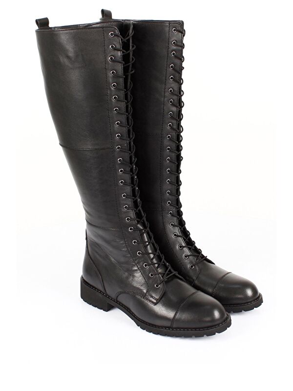 Hakiki Deri Yuvarlak Burun Kauçuk Taban Topuklu Bağcıklı Kadın Günlük Çizme 64601 - Görsel 3