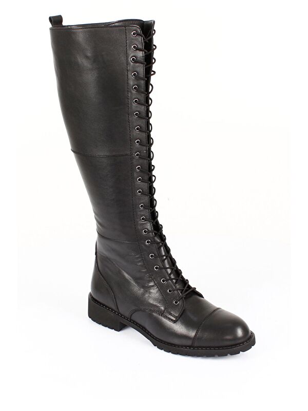 Hakiki Deri Yuvarlak Burun Kauçuk Taban Topuklu Bağcıklı Kadın Günlük Çizme 64601 - Görsel 6