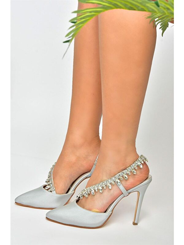 Gümüş Saten Kumaş Taşlı Kadın Abiye Ayakkabı M246062704 - Görsel 3