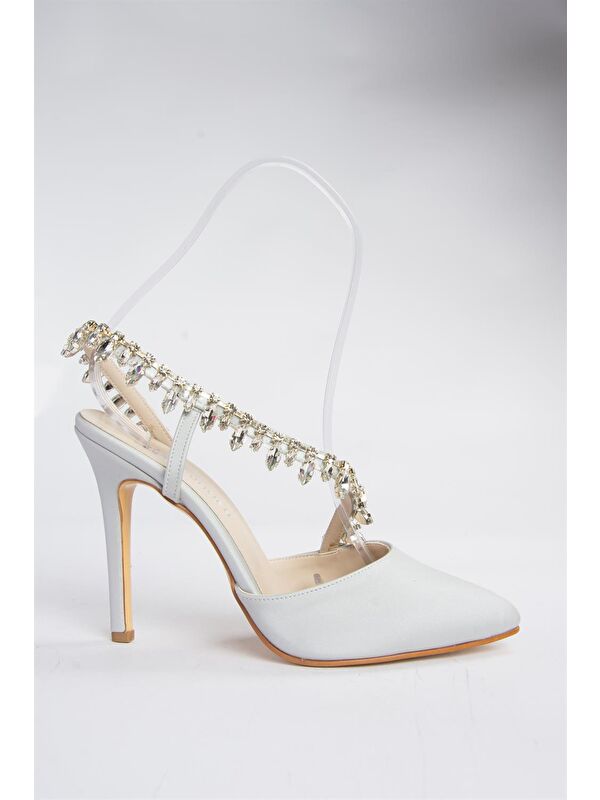 Gümüş Saten Kumaş Taşlı Kadın Abiye Ayakkabı M246062704 - Görsel 6