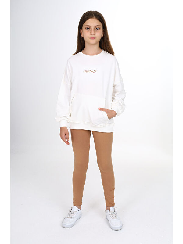 Toontoykids Kız Çocuk 2'li Takım Baskılı Bisiklet Yaka Düşük Omuz Cepli Sweatshirt & Basic Düz Tayt