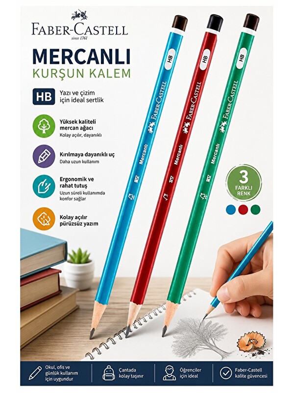 Artlantis Siyah Kurşun Kalem Mercanlı 3 Adet Faber Castell Mercanlı Kurşun Tahta Kalem HB Orta Dereceli Öğrenc