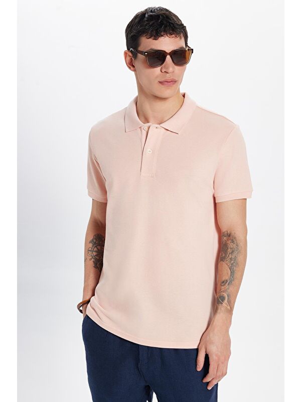 TUDORS Erkek Slim Fit Dar Kesim %100 Pamuk Somon Polo Yaka Tişört