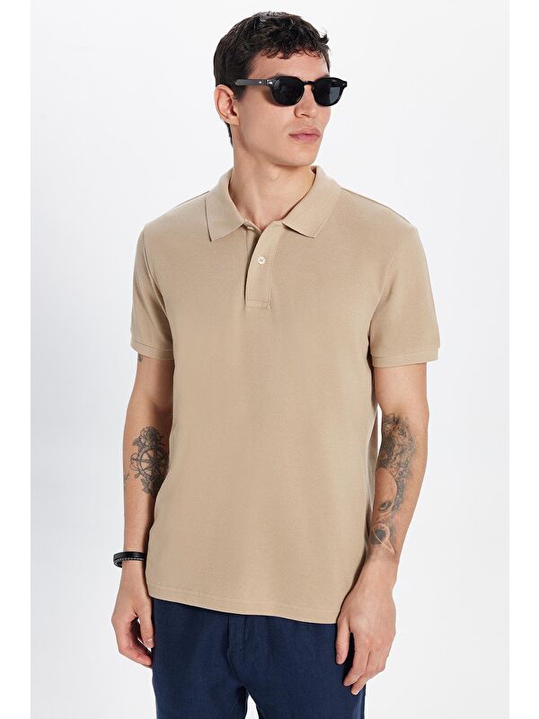 TUDORS Erkek Slim Fit Dar Kesim %100 Pamuk Bej Polo Yaka Tişört