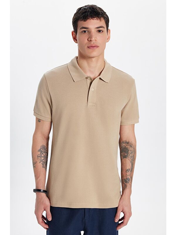 TUDORS Erkek Slim Fit Dar Kesim %100 Pamuk Bej Polo Yaka Tişört
