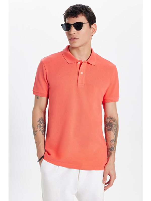 TUDORS Erkek Slim Fit Dar Kesim %100 Pamuk Mercan Polo Yaka Tişört