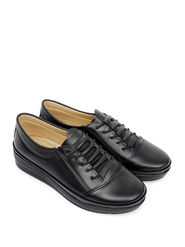 SİYAH Yuvarlak Burun Taban Lastik Bağcıklı Kadın Günlük Ayakkabı 42329 - Görsel 3