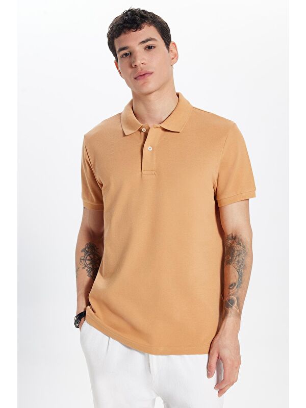 TUDORS Erkek Slim Fit Dar Kesim %100 Pamuk Kahverengi Polo Yaka Tişört