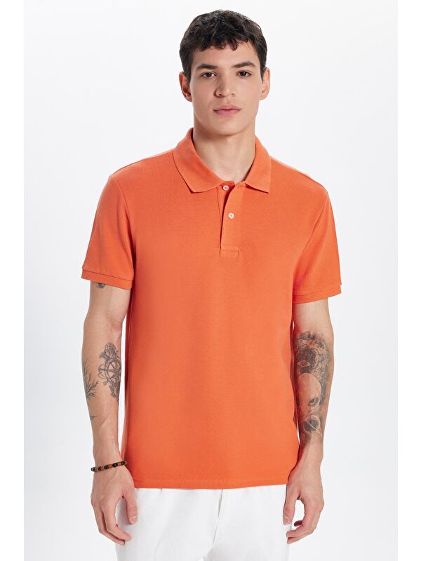TUDORS Erkek Slim Fit Dar Kesim %100 Pamuk Turuncu Polo Yaka Tişört