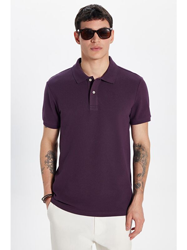 TUDORS Erkek Slim Fit Dar Kesim %100 Pamuk Mürdüm Polo Yaka Tişört