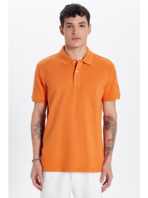 TUDORS Erkek Slim Fit Dar Kesim %100 Pamuk Turuncu Polo Yaka Tişört
