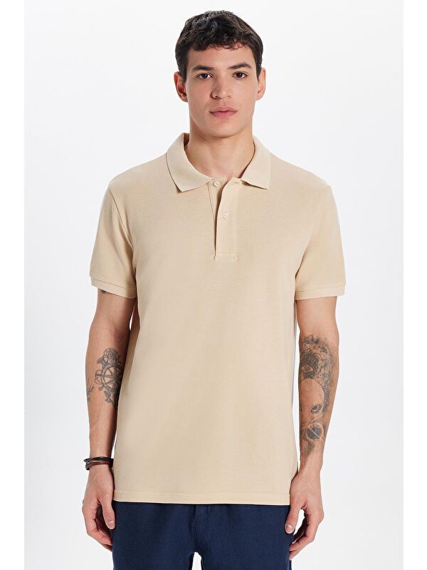 TUDORS Erkek Slim Fit Dar Kesim %100 Pamuk Bej Polo Yaka Tişört