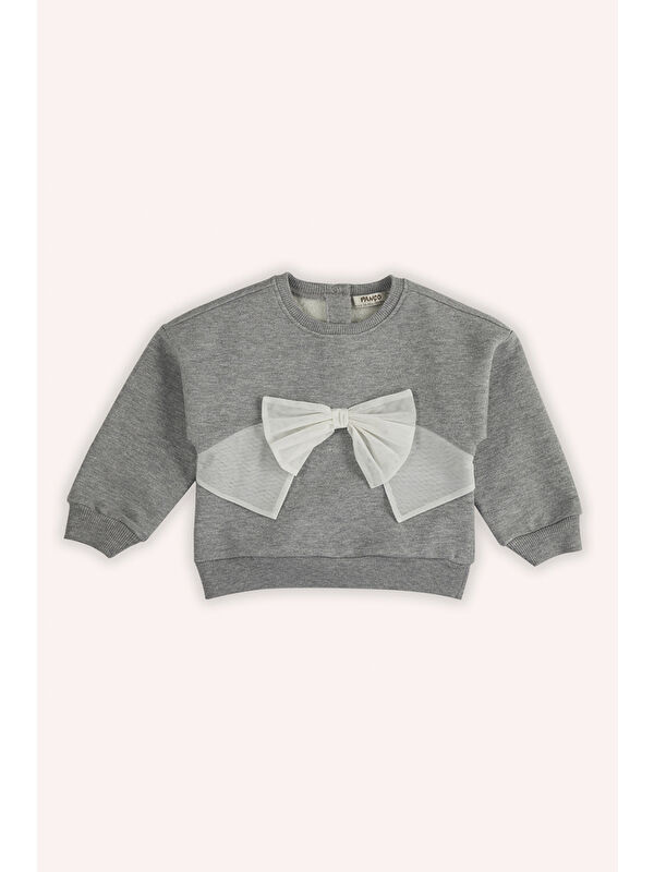Panço Kız Bebek Tül Fiyonk Detaylı Gri-Melanj Sweatshirt