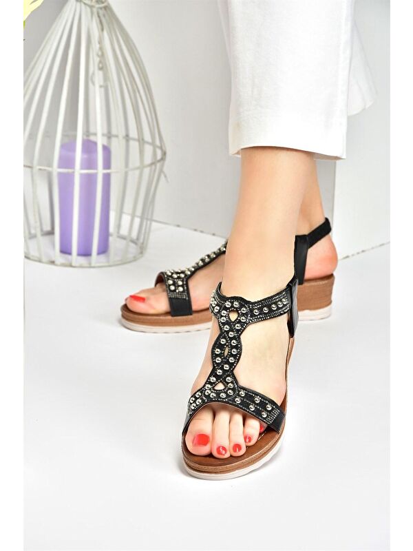 Siyah Metal Boncuklu Günlük Kadın Sandalet M258314409 - Görsel 5