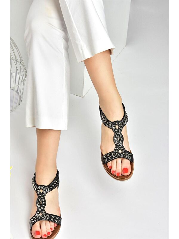 Siyah Metal Boncuklu Günlük Kadın Sandalet M258314409 - Görsel 6