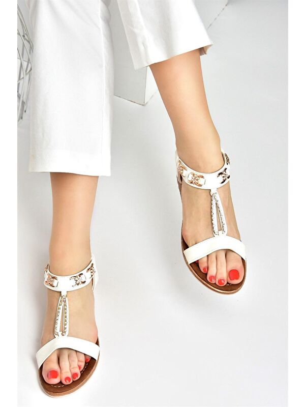 Beyaz Taş Detaylı Günlük Kadın Sandalet M258312209 - Görsel 5