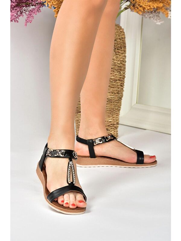 Siyah Taş Detaylı Günlük Kadın Sandalet M258312209 - Görsel 6