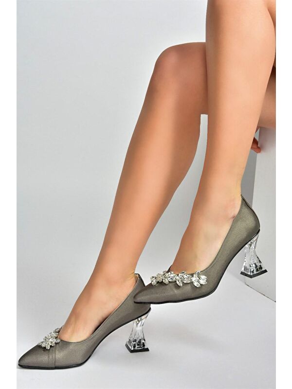 Platin Saten Kumaş Taşlı Kadın Abiye Ayakkabı M246014004 - Görsel 2
