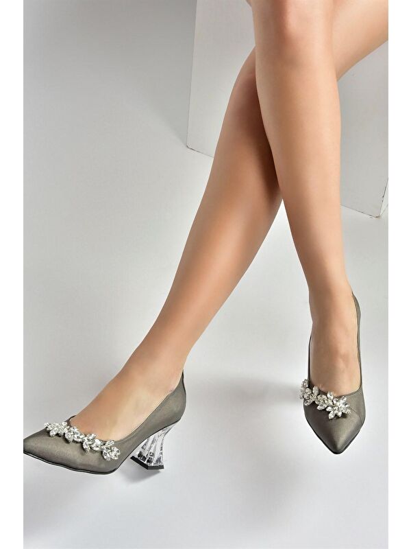 Platin Saten Kumaş Taşlı Kadın Abiye Ayakkabı M246014004 - Görsel 3