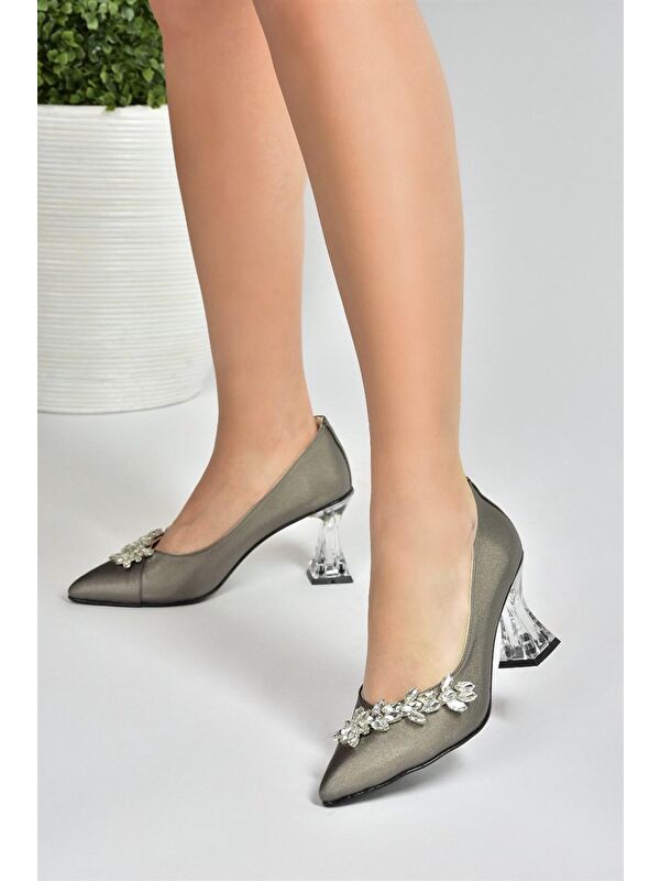 Platin Saten Kumaş Taşlı Kadın Abiye Ayakkabı M246014004 - Görsel 4