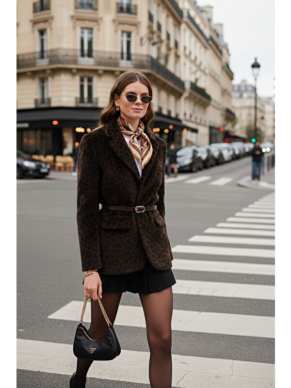 Lela Leopar Desenli Regular Fit Kemer Detaylı Pelüş Dokulu Blazer Ceket 6839614
