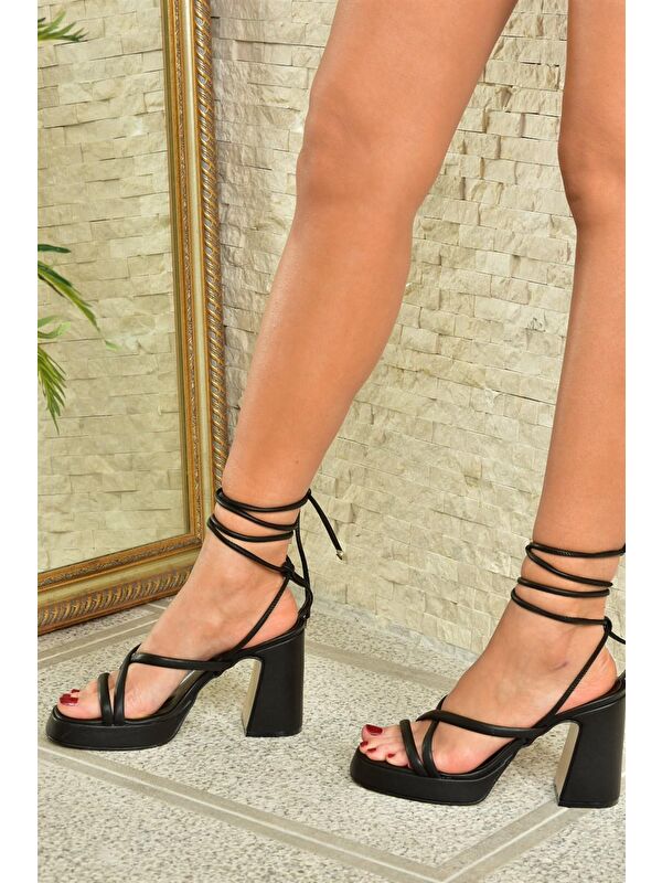 Siyah Platform Topuklu Bilekten Bağlamalı Kadın Ayakkabı M404100509 - Görsel 2
