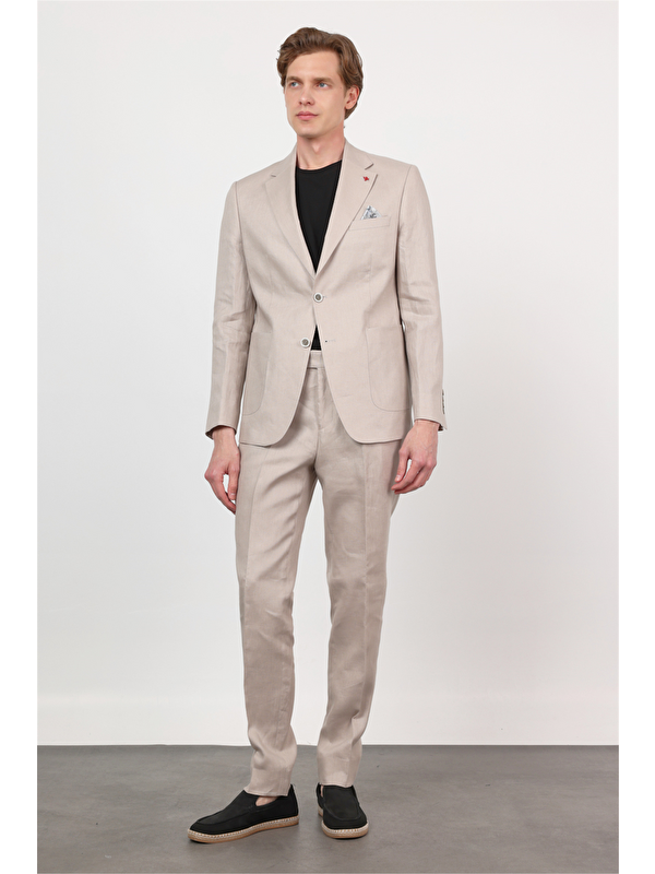 İMZA Bej Düz Desen Keten Mono Yaka 6 Drop Slim Fit %100 Keten Takım Elbise 1001260164
