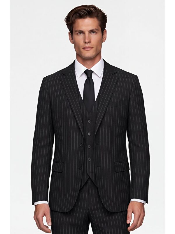 Sabri Özel Giotelli Erkek Siyah Dar Kesim Slim Fit Viskon Çizgili Yan Cep Normal Bel 6 Drop Takım Elbise