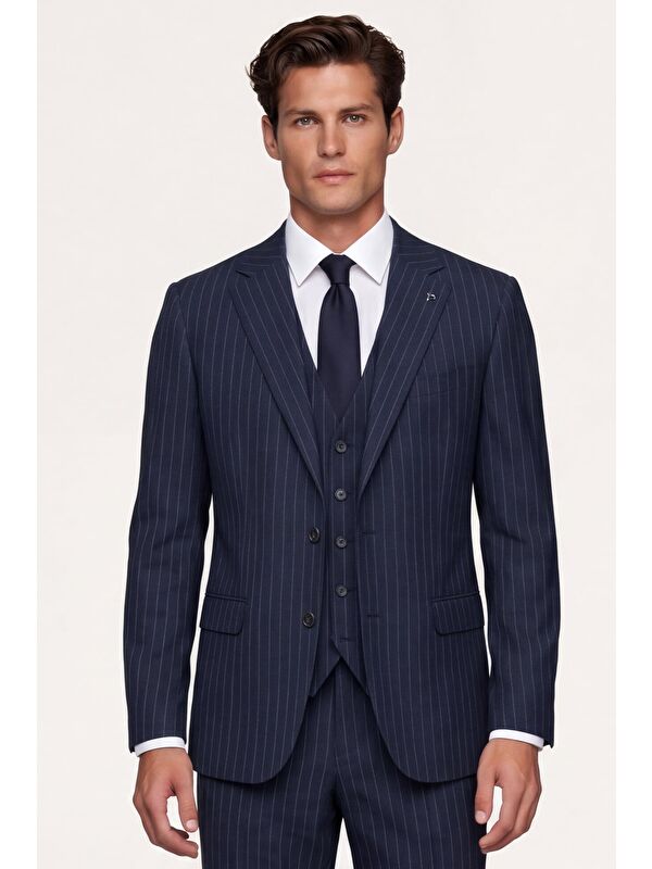 Sabri Özel Giotelli Erkek Lacivert Dar Kesim Slim Fit Viskon Çizgili Yan Cep Normal Bel 6 Drop Takım Elbise